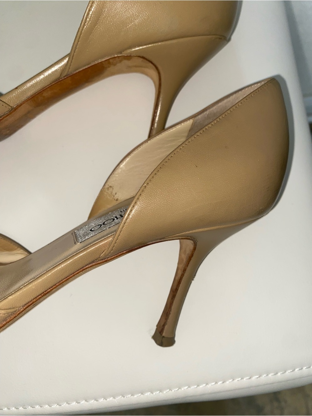 Jimmy Choo Logan Beige Leather Peep-Toe Pumps Sz 36.5/6.5 DAMAGED HEEL PROJECT - Picture 8 of 14